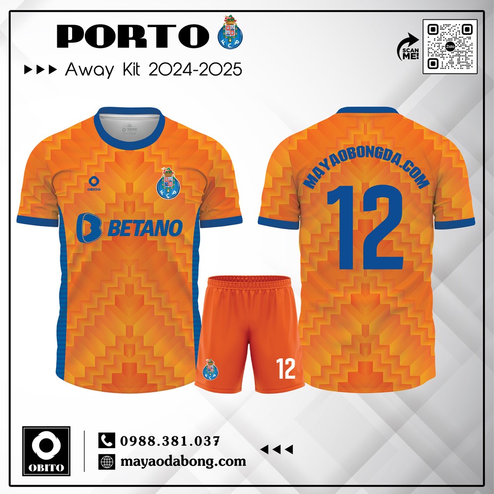 Áo đấu sân khách Porto 2024–2025 màu cam thiết kế zig-zag 3D bắt mắt