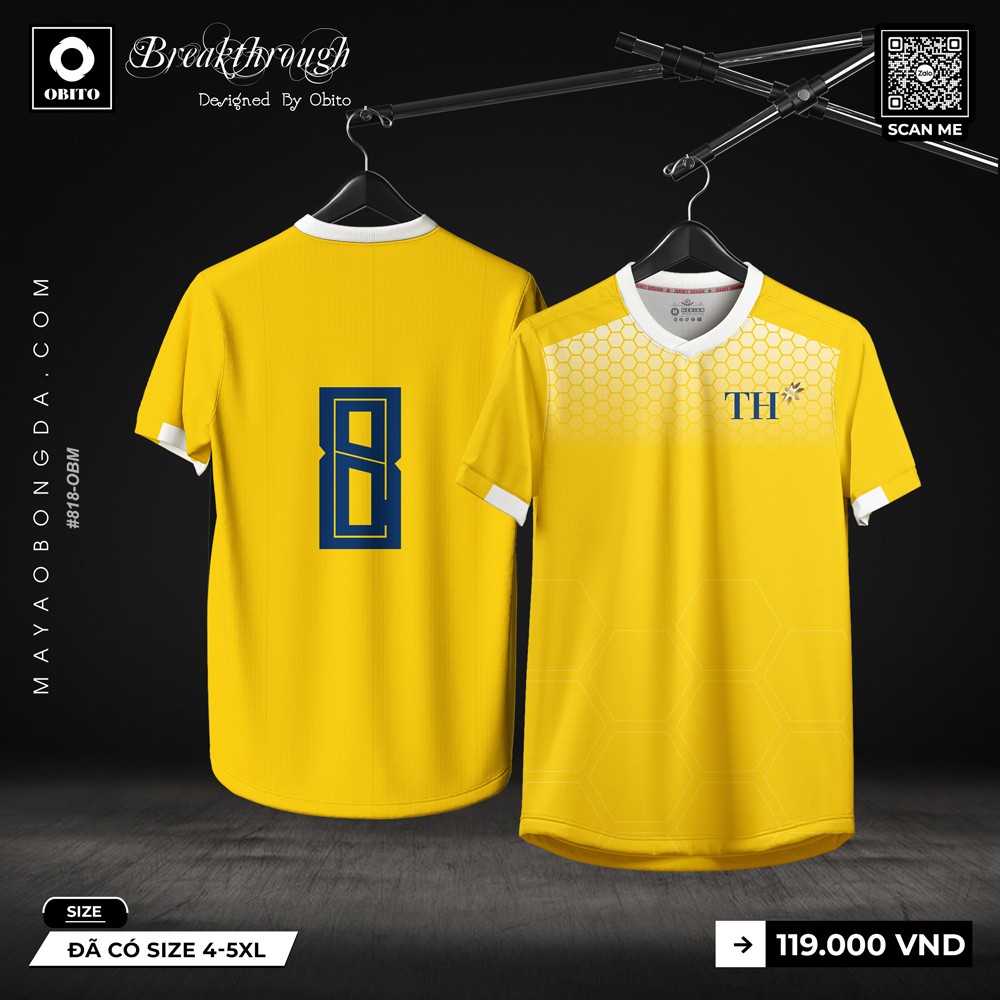 Áo đấu thiết kế màu vàng tươi phối trắng và xanh navy – Form thể thao, chất liệu thoáng khí