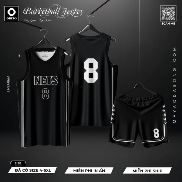 Áo Bóng Rổ Đen Trắng NBA NETS Số 8 Size Đại 4XL-5XL