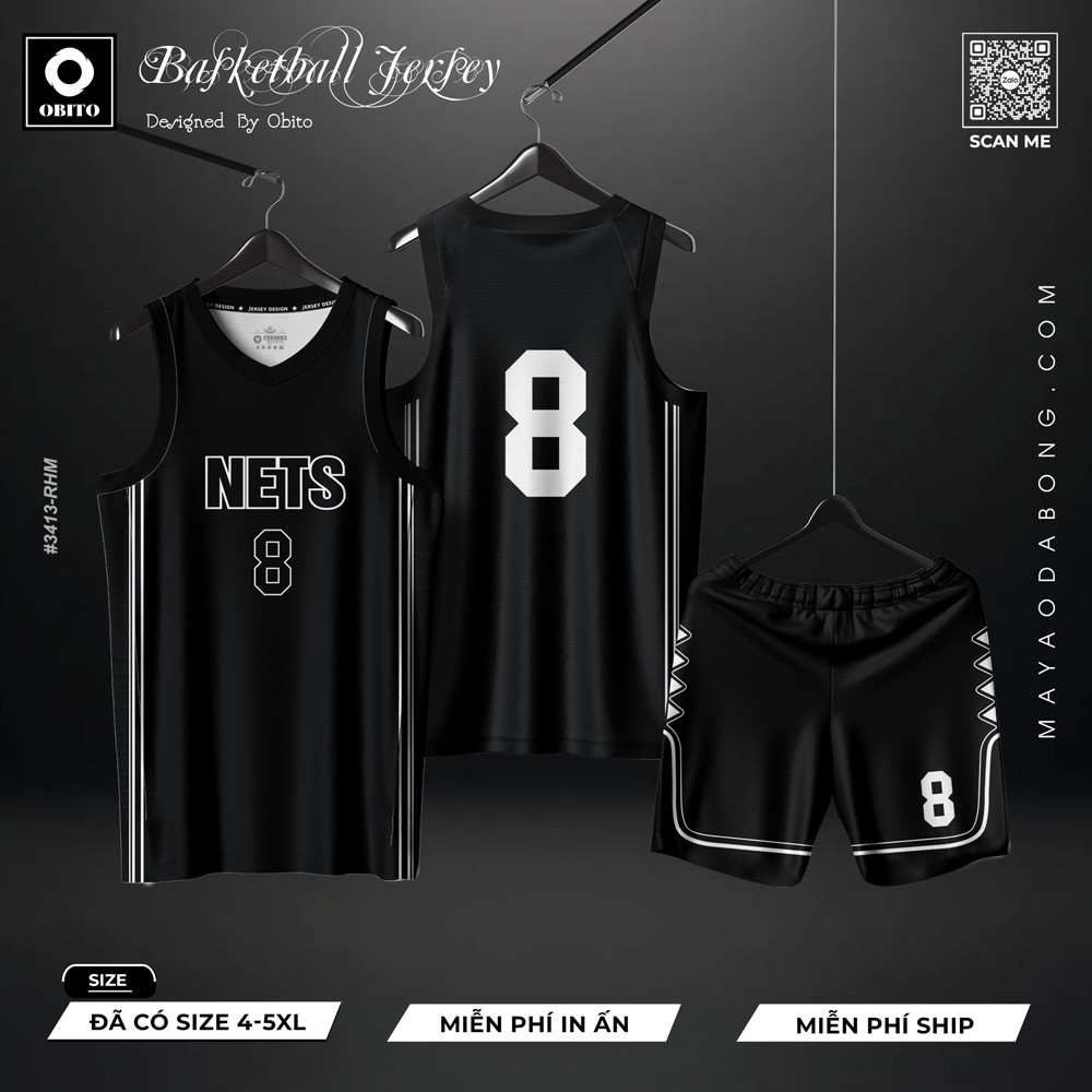Áo bóng rổ nam NBA NETS màu đen trắng số 8