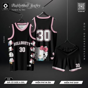 Áo Bóng Rổ Hello Kitty Màu Đen Viền Hồng Pastel Freesize Năng Động