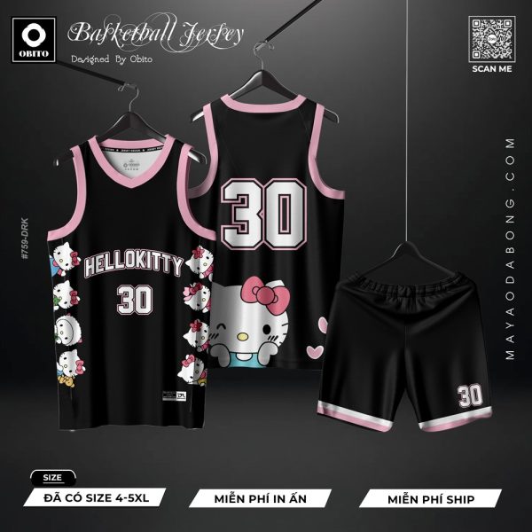 Áo Bóng Rổ Hello Kitty Màu Đen Viền Hồng Pastel Freesize Năng Động