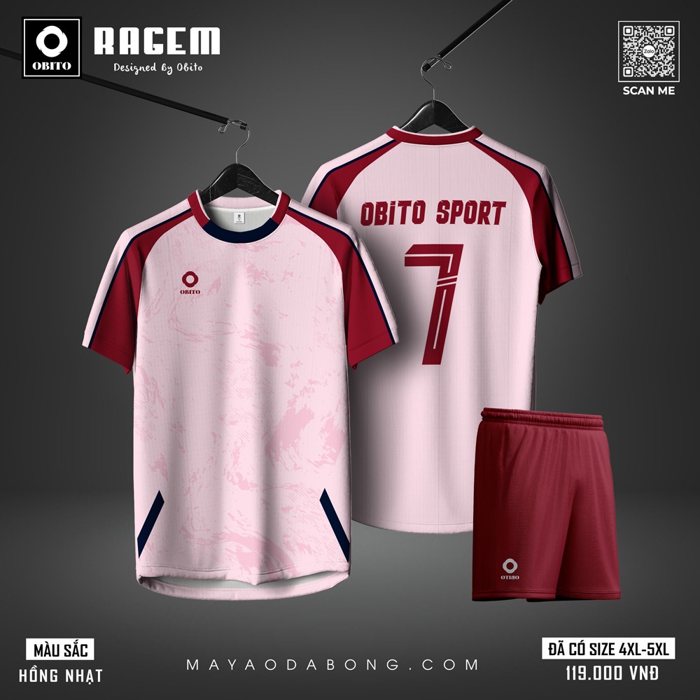 Áo bóng đá OBITO SPORT – RAGEM màu hồng nhạt phối tay đỏ rượu vang và viền cổ xanh đậm