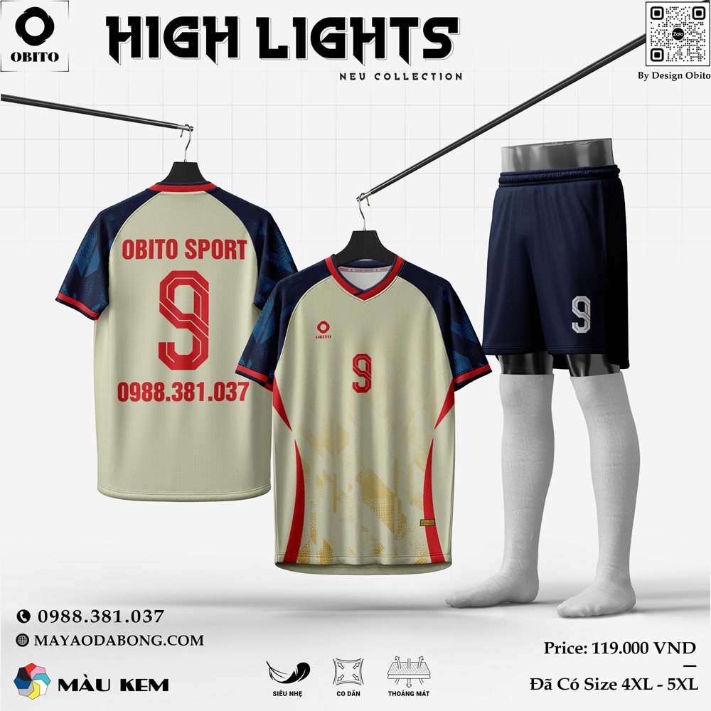 Áo bóng đá không logo Obito HighLights màu kem phối xanh navy và sọc đỏ