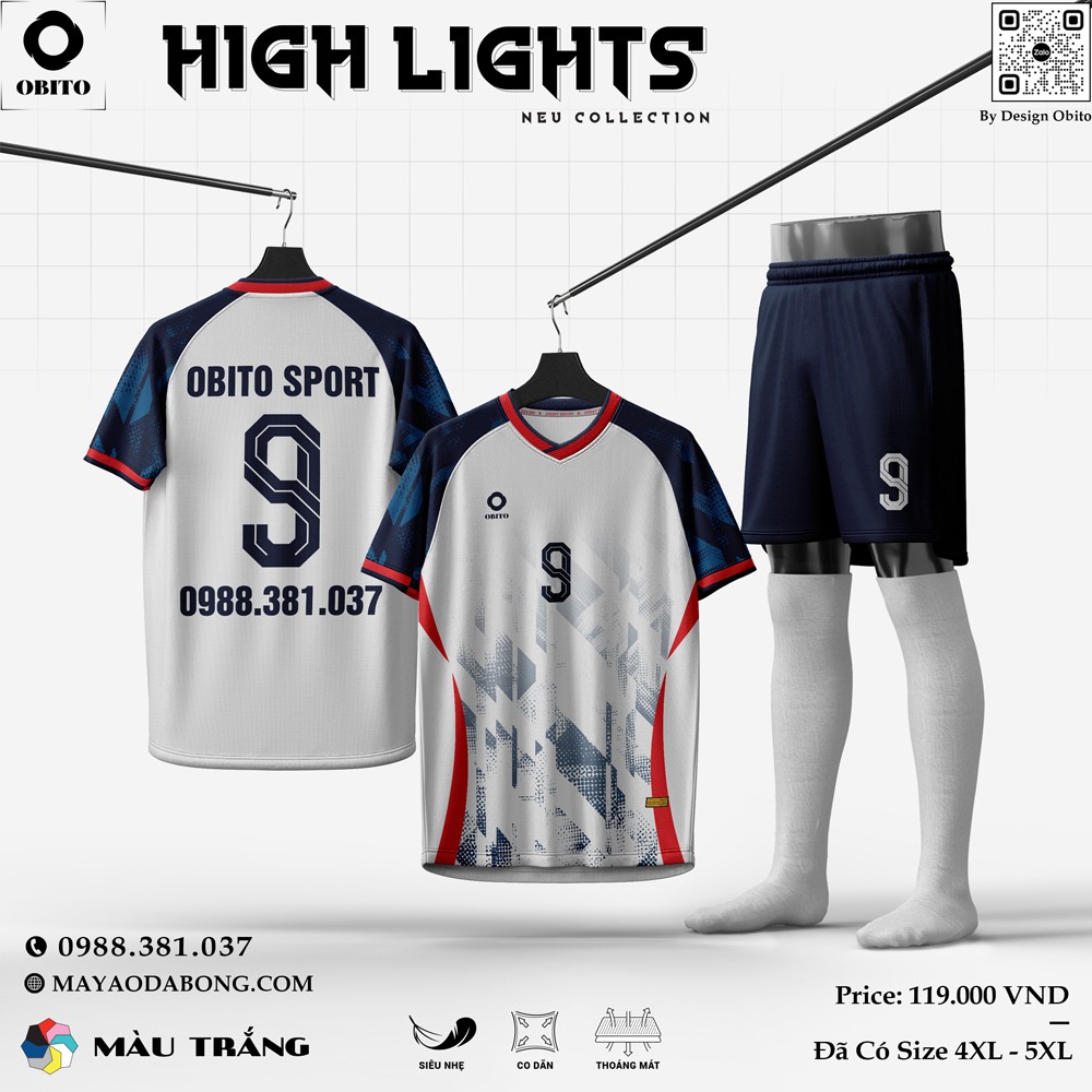 Áo bóng đá không logo Obito Highlights màu trắng phối xanh navy và viền đỏ