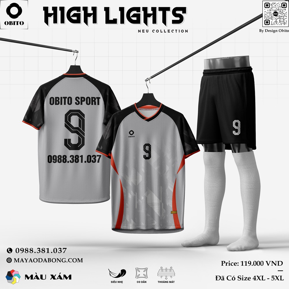 Áo đá bóng OBITO SPORT HighLights màu xám kết hợp sọc cam đỏ