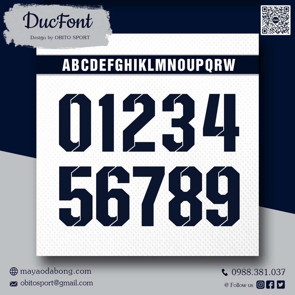 Font số thể thao DucFont xanh đen nền trắng - thiết kế in số áo khỏe khoắn, dễ nhìn từ xa