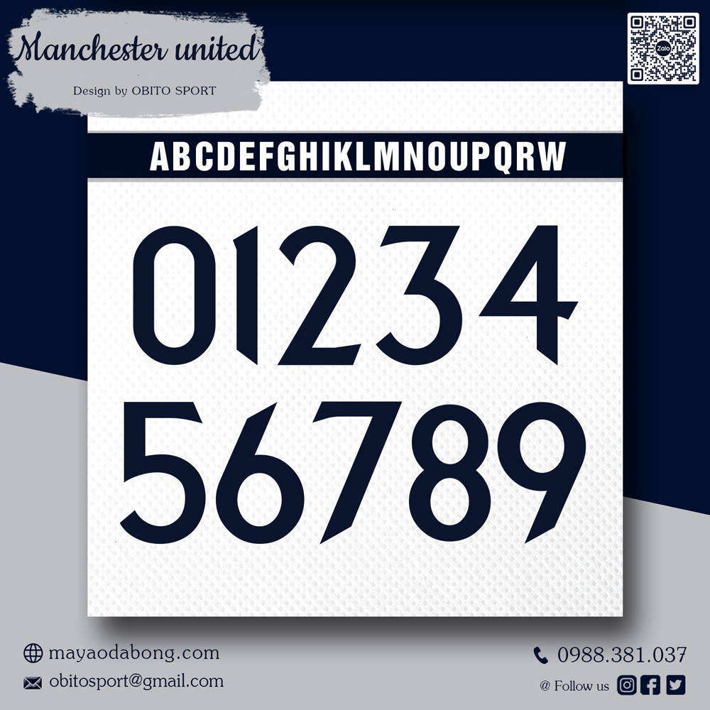 Font số Manchester United 2023 2024 màu xanh navy in ép nhiệt