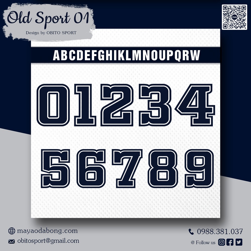 Font số OLD SPORT 01 phong cách cổ điển, màu xanh navy viền trắng