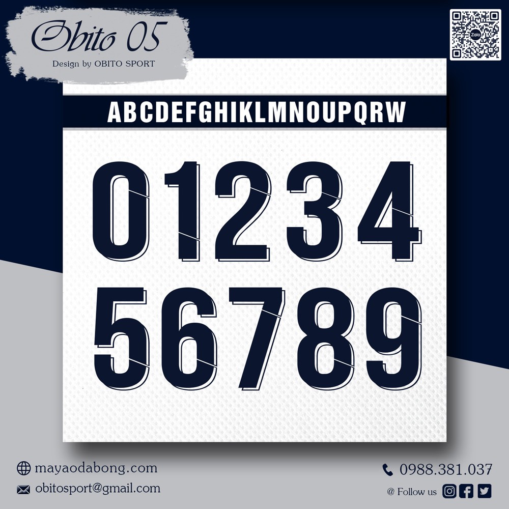 Mẫu font số Obito 05 màu xanh đen kết hợp trắng dùng cho áo đá bóng thể thao