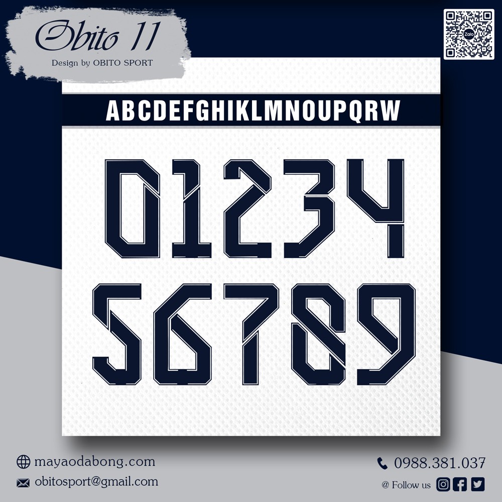 Font số Obito 11 đen viền trắng cho áo thể thao