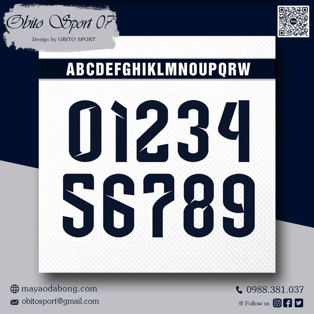 Font số Obito Sport 07 màu xanh navy đậm trên nền trắng dành cho áo thể thao