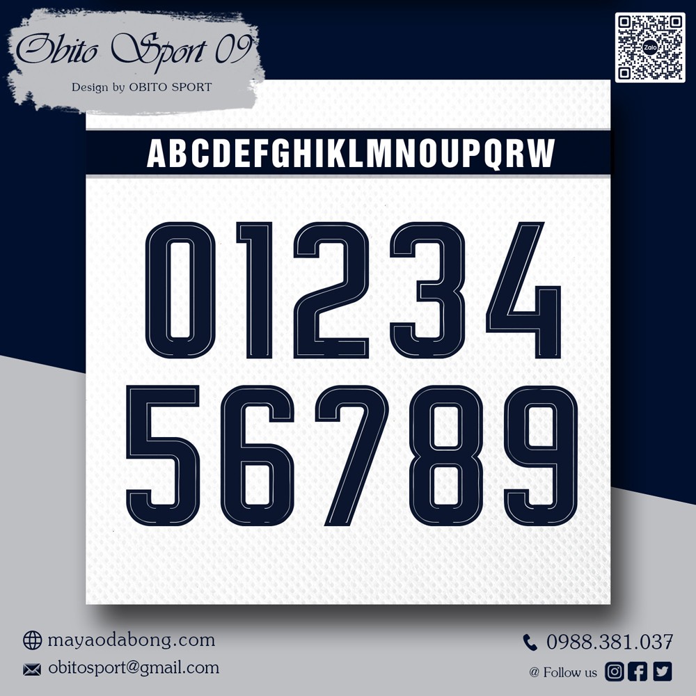Font số áo thể thao Obito Sport 09 màu xanh đen viền trắng