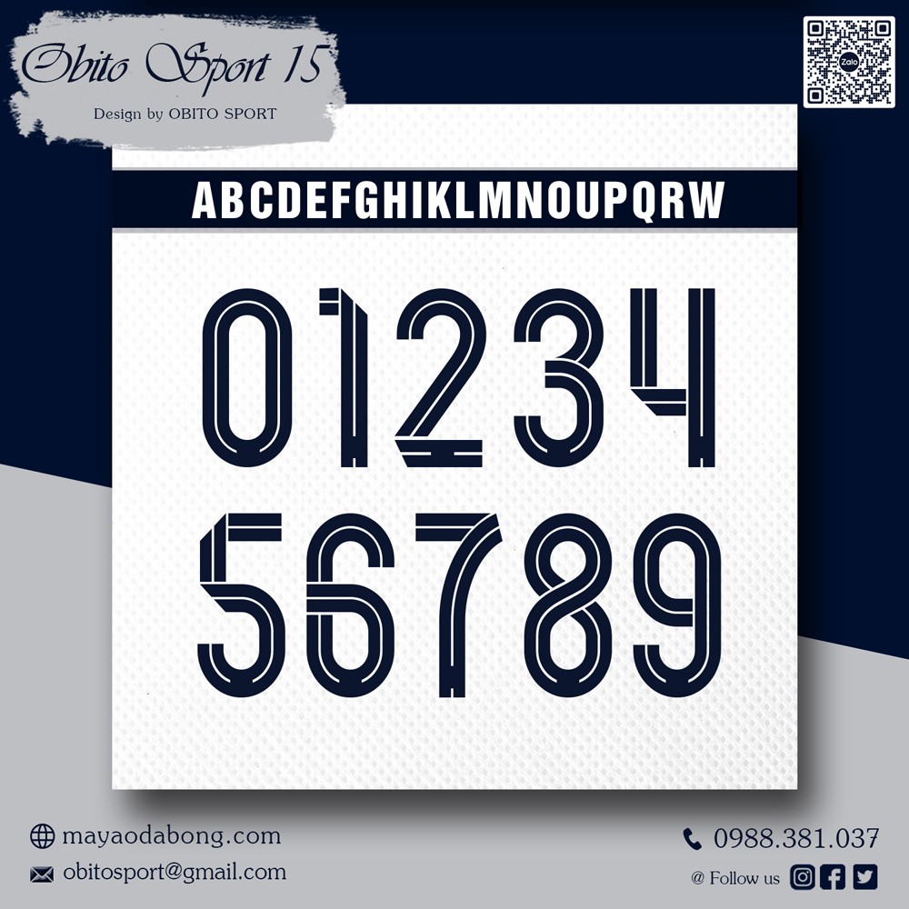 Font số OBITO SPORT 15 màu đen trắng thiết kế thể thao