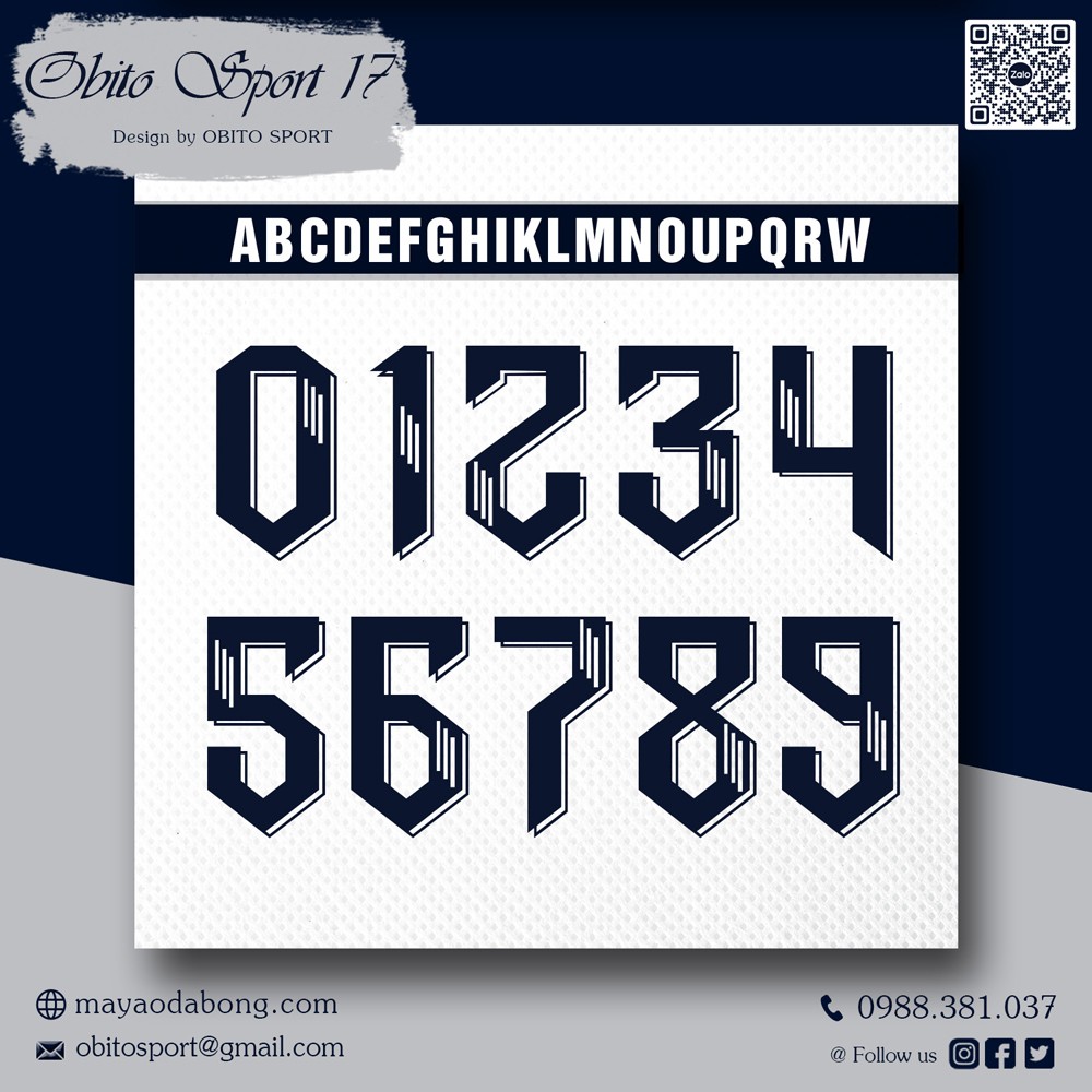 Font số Obito Sport 17 màu đen xanh đậm trên nền trắng - phong cách mạnh mẽ, dễ nhìn