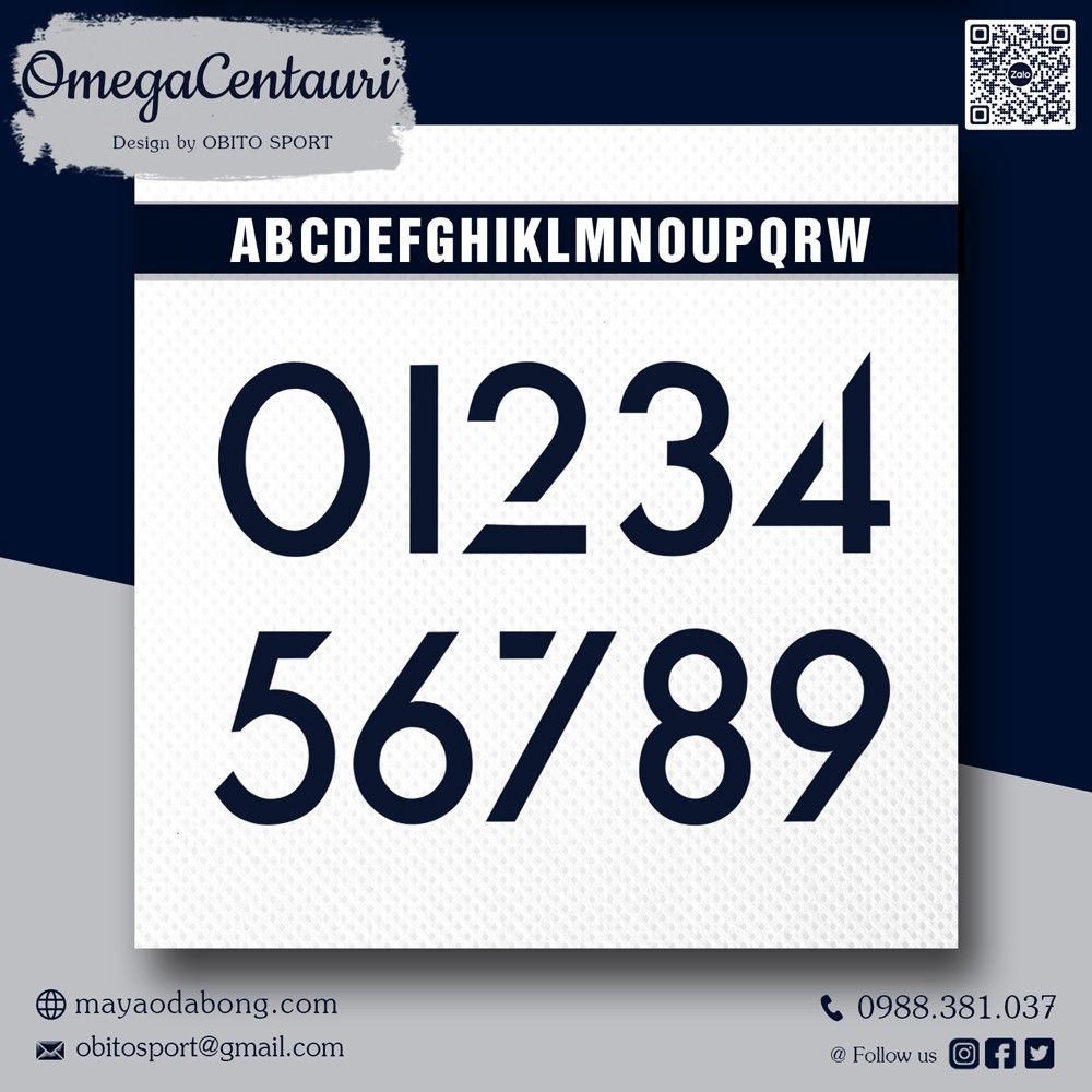 Font chữ số Omega Centauri màu xanh navy trên nền trắng cho áo thể thao
