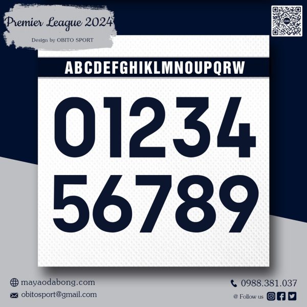 Font Số Áo Đấu Premier League 2024 - Màu Đen Navy trên nền trắng | OBITO SPORT