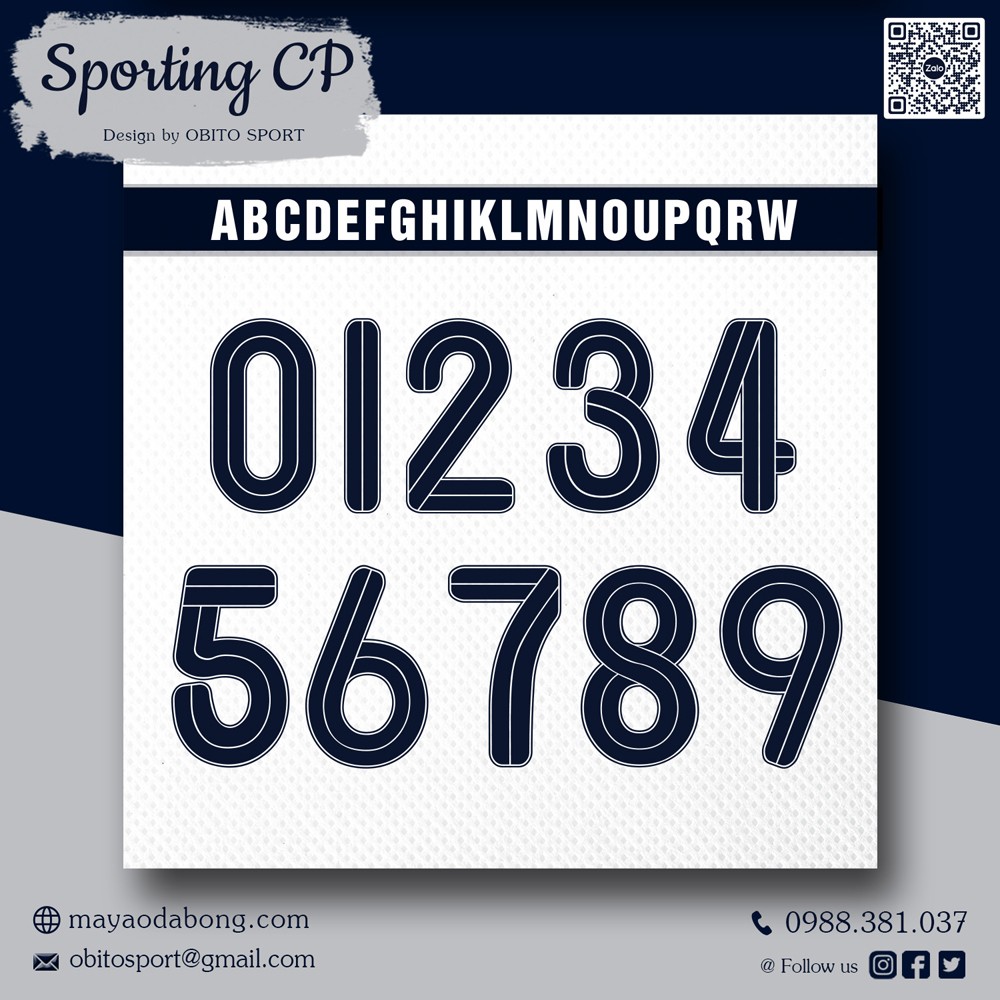 Font số chữ in áo bóng đá Sporting CP màu đen viền trắng