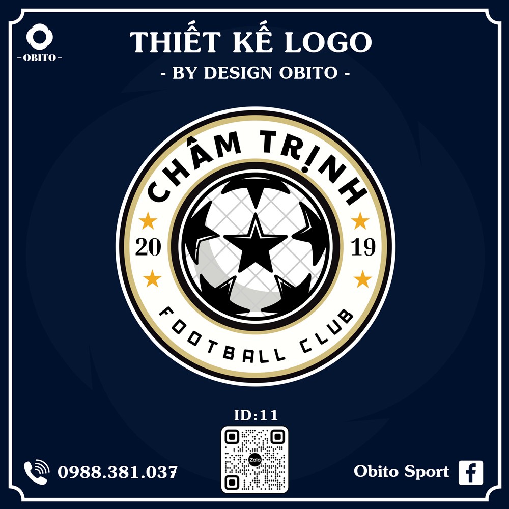 Logo Chấm Trịnh FC với tông đen trắng và vàng ánh kim nổi bật trên nền xanh than