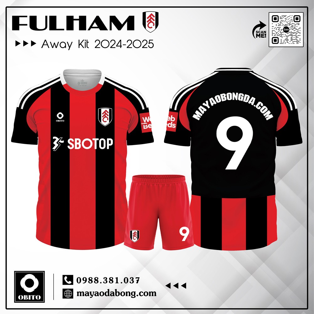 Áo đấu Fulham 2024 2025 sân khách màu đỏ đen viền trắng