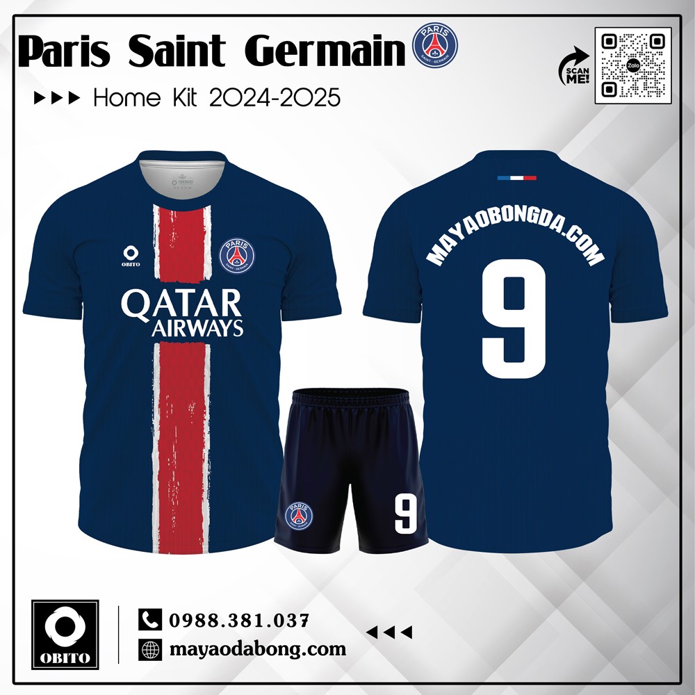 Bộ quần áo thi đấu PSG sân nhà 2025 màu xanh navy với sọc đỏ nổi bật