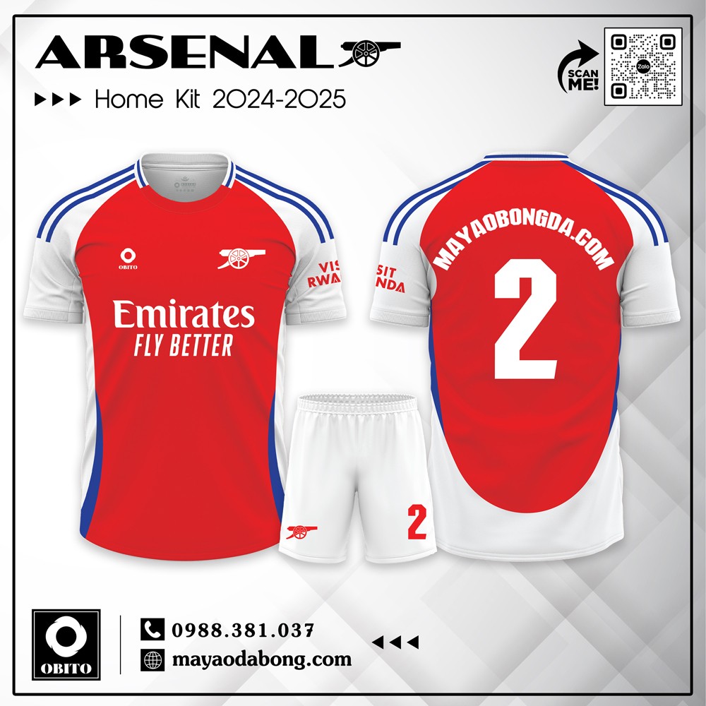 Bộ quần áo thi đấu sân nhà Arsenal mùa giải 2024-2025 màu đỏ, phối trắng và xanh dương