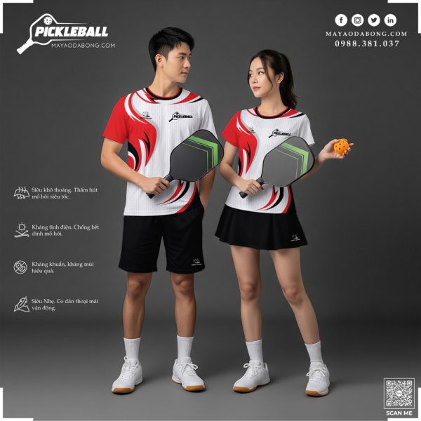 Áo Thể Thao Trắng Pickleball - Thiết Kế Đỏ Đen Năng Động