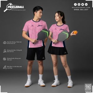 Áo Pickleball Hồng Pastel Viền Xanh Navy Thể Thao Năng Động