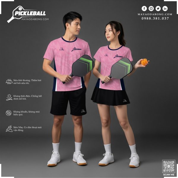 Áo Pickleball Hồng Pastel Viền Xanh Navy Thể Thao Năng Động