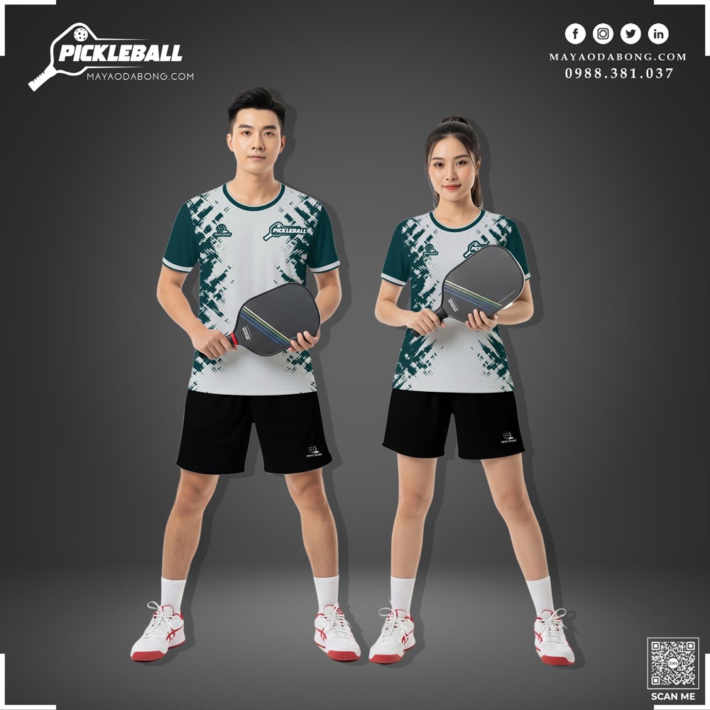 Áo thể thao Pickleball phối trắng xanh đậm họa tiết pixel chuẩn form unisex