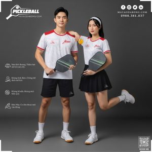 Áo thể thao Pickleball trắng đỏ phối quần/váy đen - Năng động và chuyên nghiệp