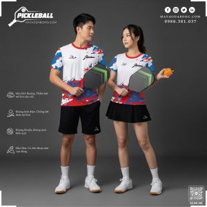 Áo Pickleball Trắng Rằn Ri Đỏ Xanh – Năng Động & Thoáng Mát