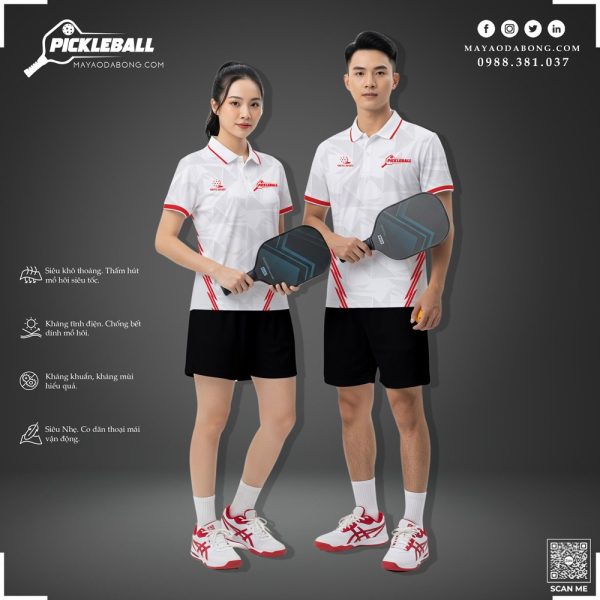 Áo Pickleball trắng viền đỏ – Cá tính đơn giản, hiệu năng tối ưu