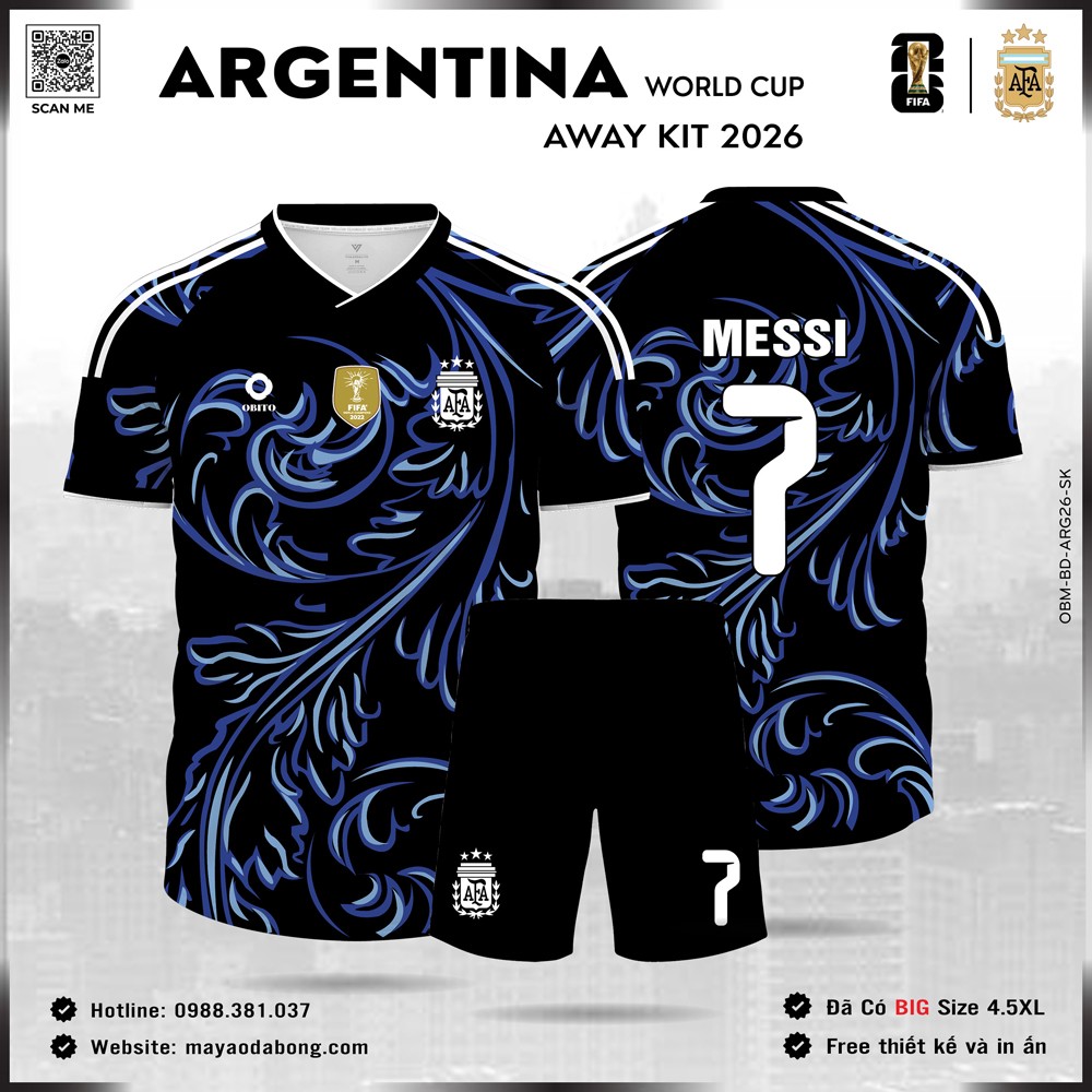 Áo Đội Tuyển Argentina 2026 Sân Khách Màu Đen Xanh Navy Họa Tiết Baroque