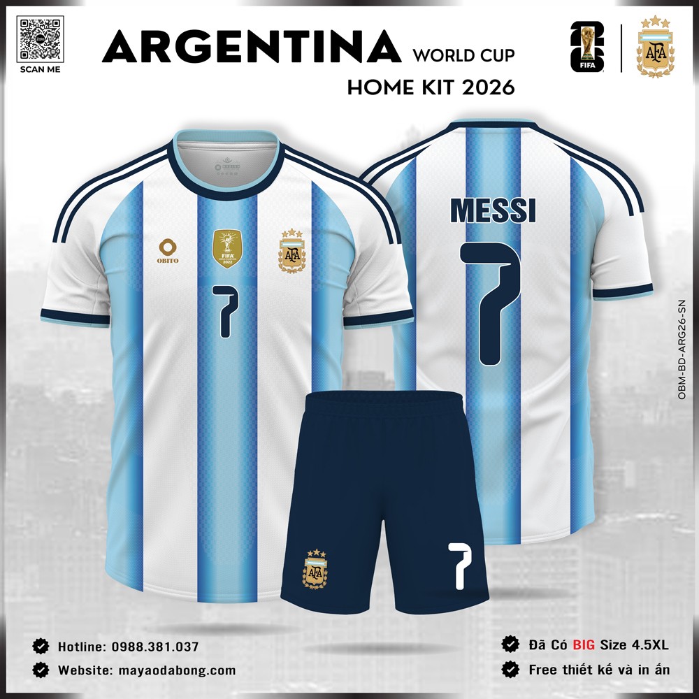 Áo Đấu Argentina World Cup 2026 màu trắng xanh sọc truyền thống