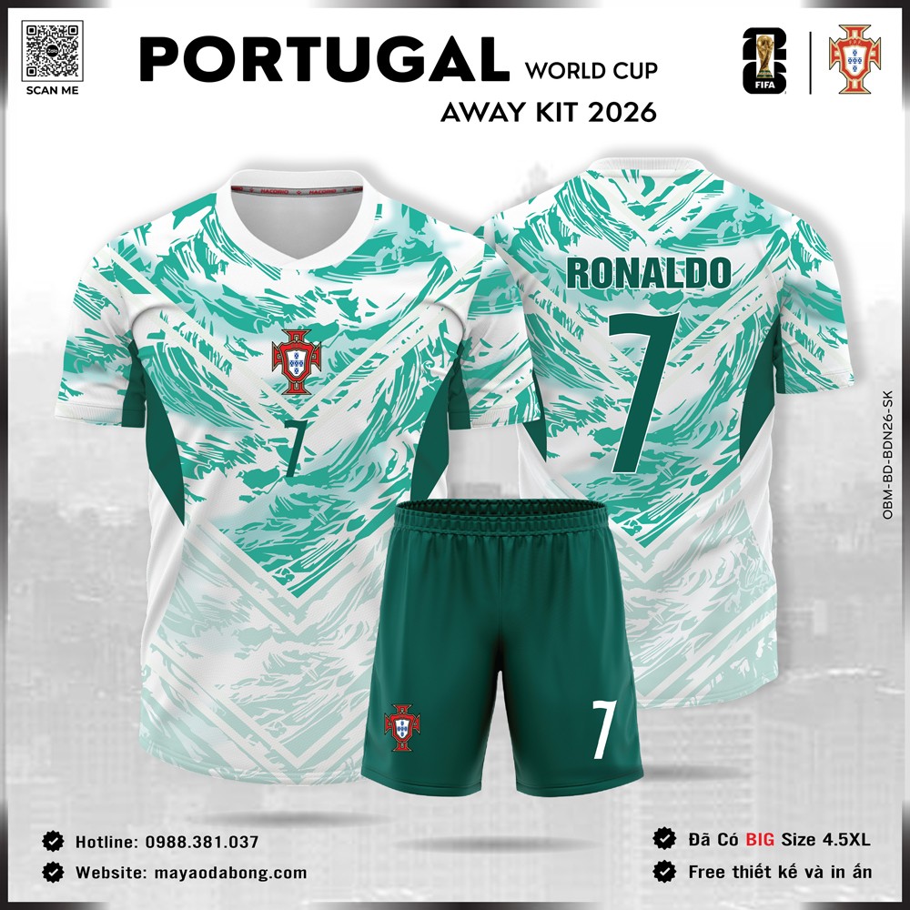 Áo đội tuyển Bồ Đào Nha xanh ngọc 2026 số 7 Ronaldo vải thể thao chất lượng cao