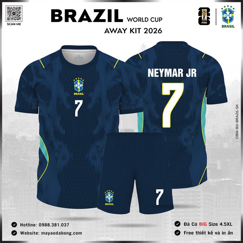 Áo đội tuyển Brazil 2026 màu xanh navy phối xanh neon và vàng