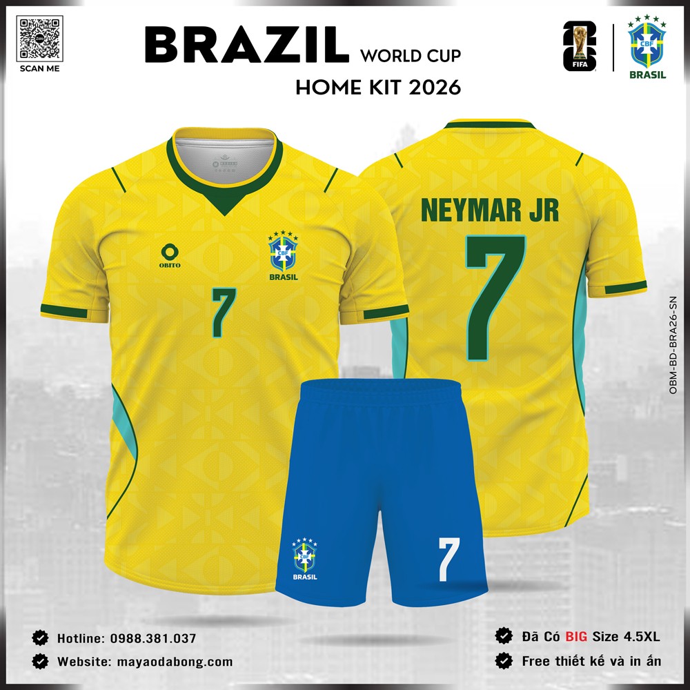 Áo đội tuyển Brazil 2026 sân nhà màu vàng điểm viền xanh thiết kế thể thao