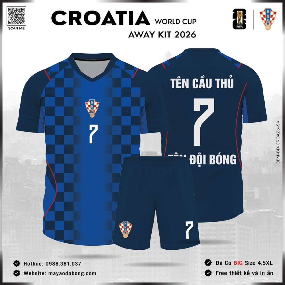 Áo đội tuyển Croatia 2026 sân khách xanh caro viền đỏ