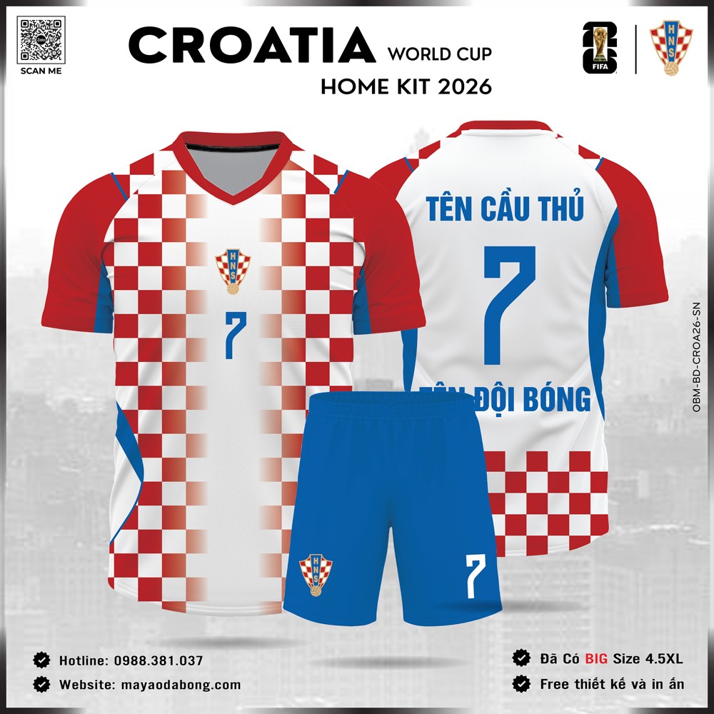 Áo đội tuyển Croatia World Cup 2026 sân nhà, màu đỏ trắng caro truyền thống