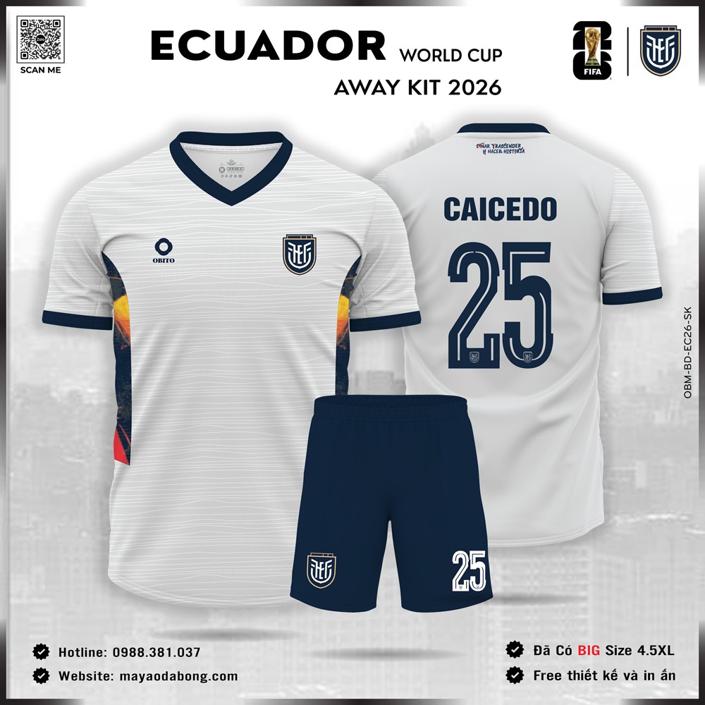 Áo đấu tuyển Ecuador 2026 màu trắng phối xanh navy, đỏ và vàng cam