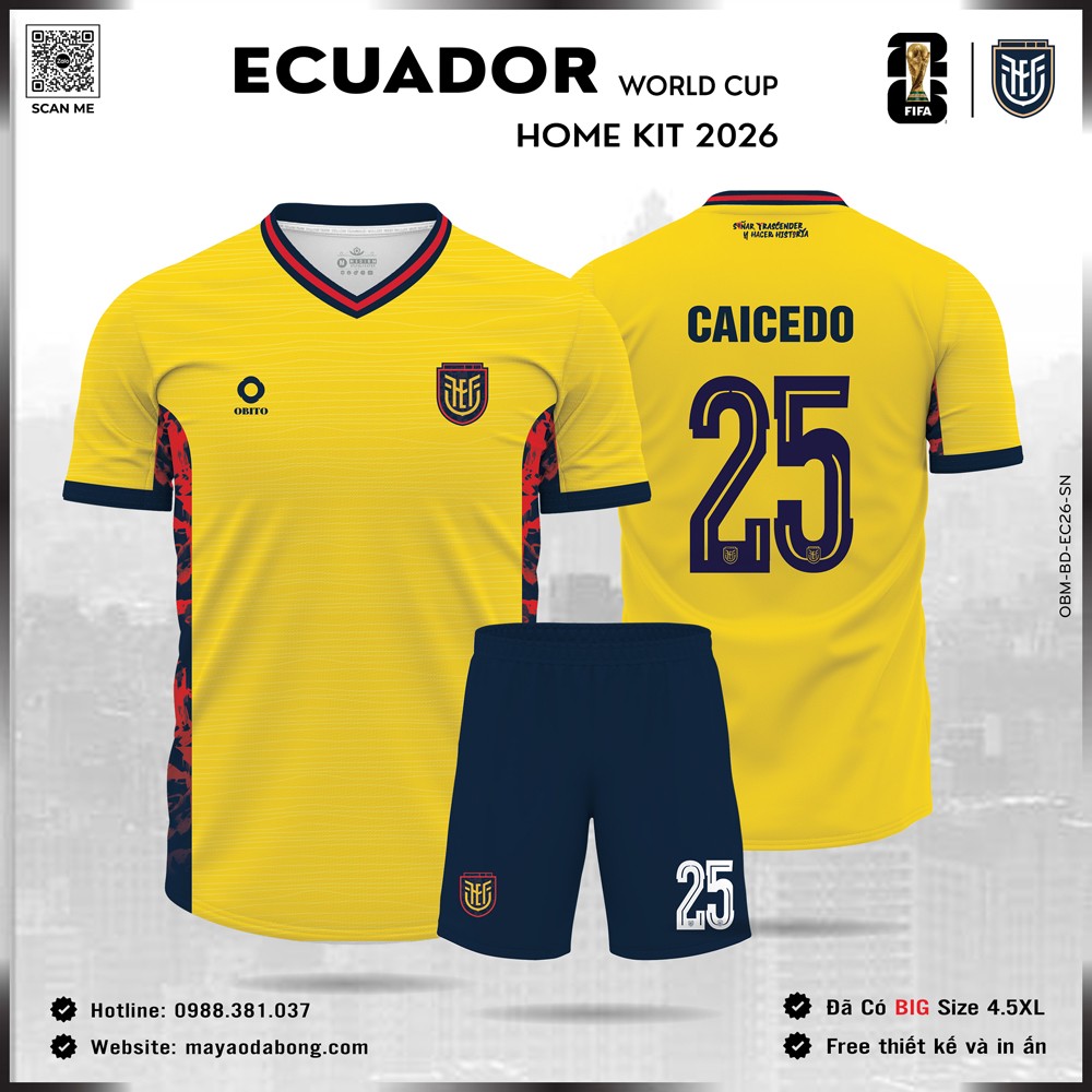Áo đấu đội tuyển Ecuador 2026 sân nhà màu vàng nổi bật phối xanh navy đỏ