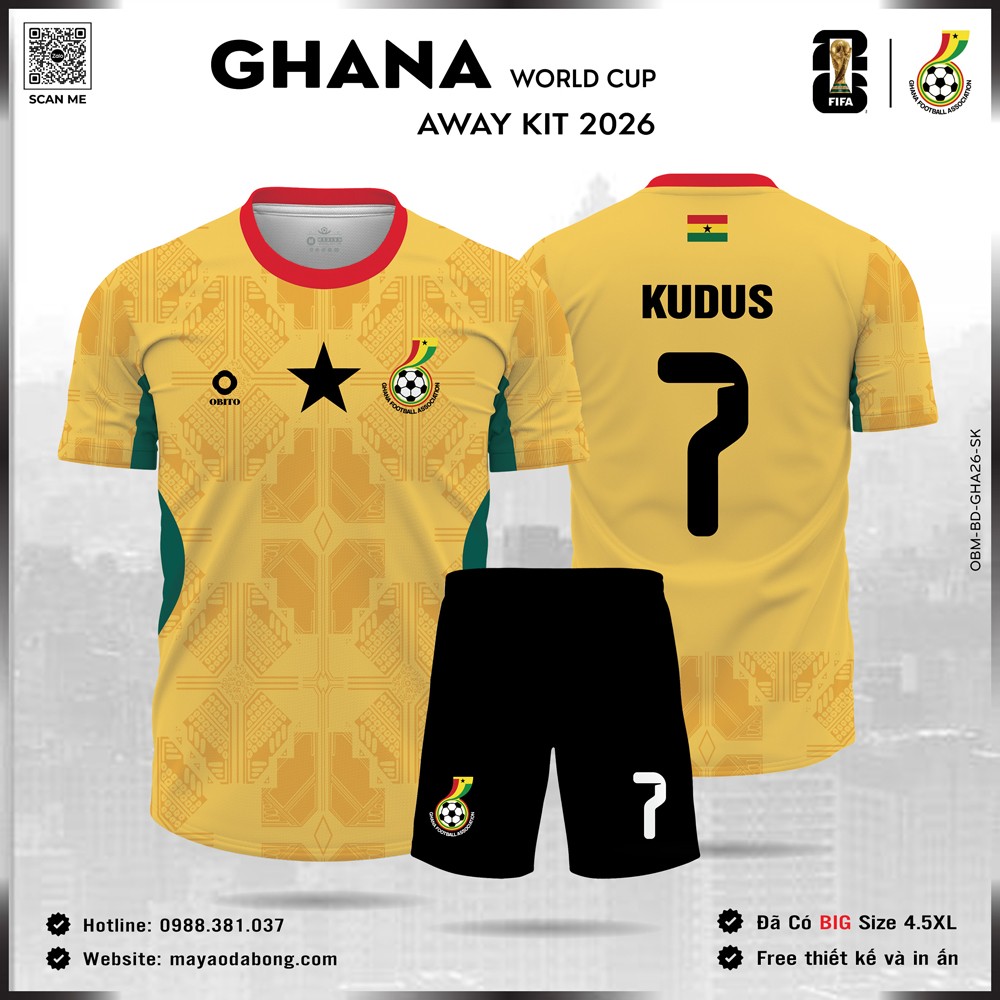 Áo Đội Tuyển Ghana 2026 Sân Khách màu vàng chủ đạo, phối họa tiết hiện đại