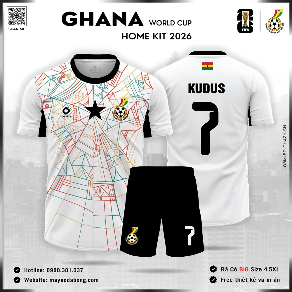 Áo đội tuyển Ghana 2026 sân nhà, nền trắng, họa tiết độc đáo, logo đội tuyển và ngôi sao đen nổi bật