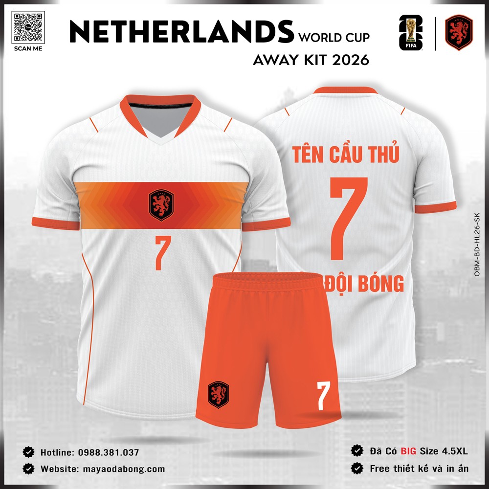 Áo đá bóng đội tuyển Hà Lan 2026 sân khách màu trắng cam, logo sư tử đen