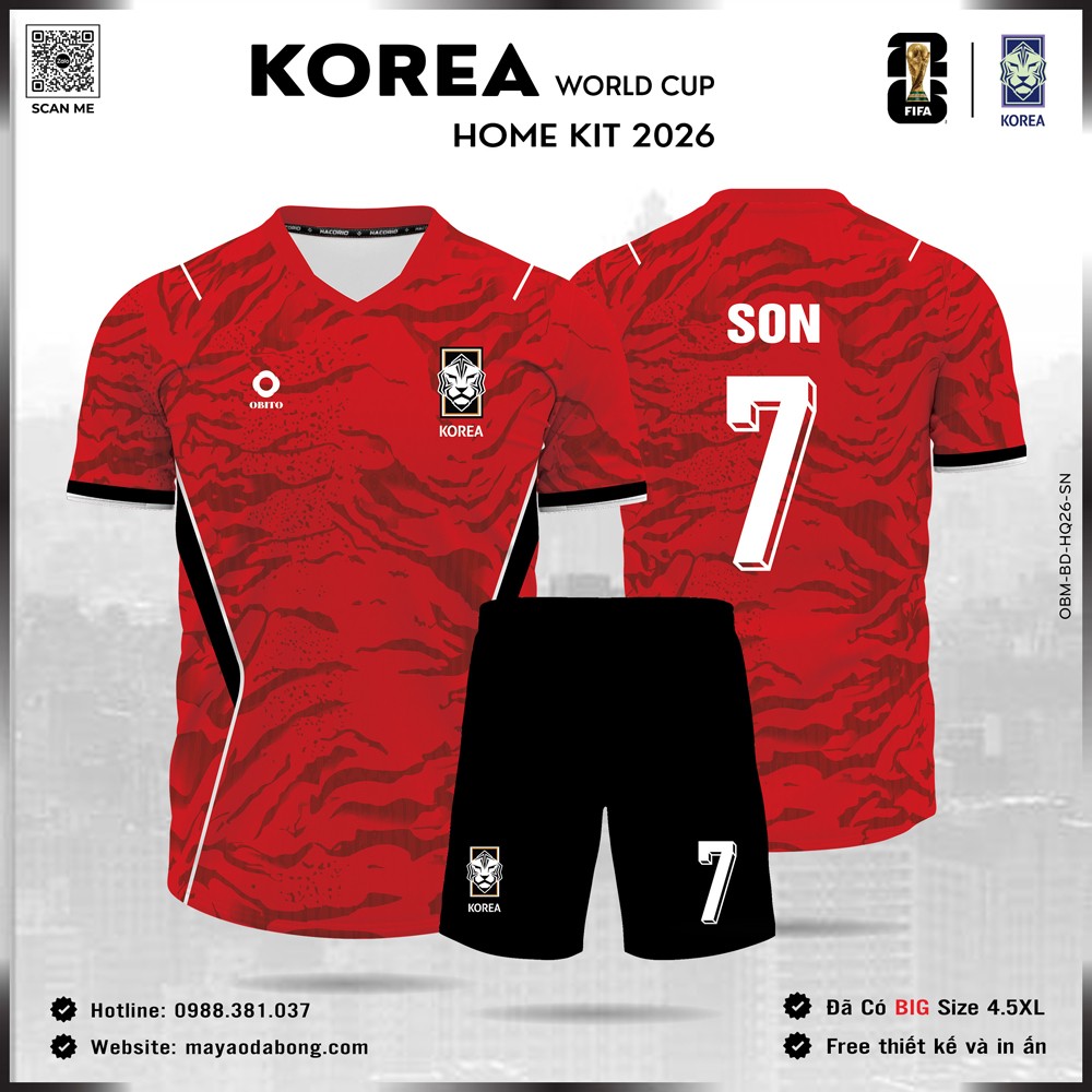 Bộ quần áo bóng đá đội tuyển Hàn Quốc World Cup 2026 màu đỏ nổi bật, chất liệu cao cấp.