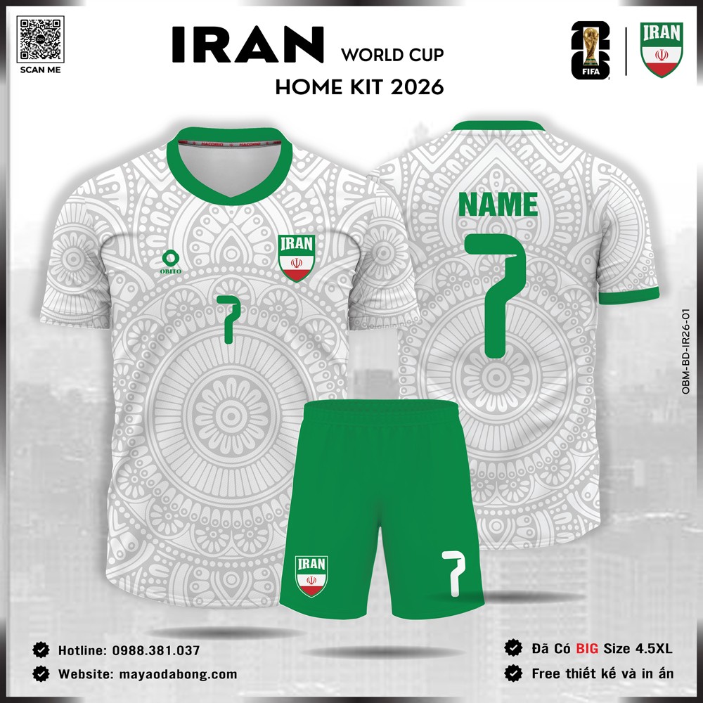 Áo Đội Tuyển Iran 2026 nền trắng hoa văn mandala xanh lá đỏ