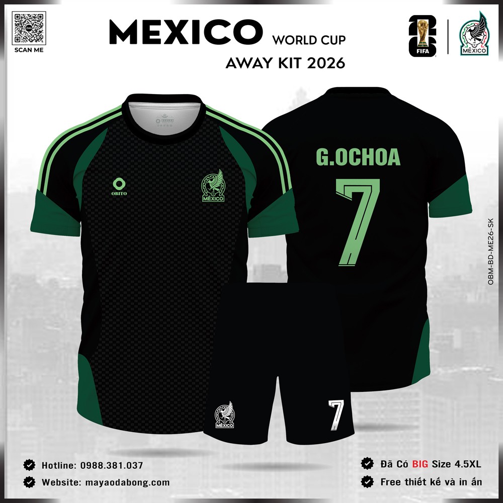 Áo đội tuyển Mexico 2026 sân khách màu đen xanh lá, mẫu SK2, chất thể thao thoáng khí