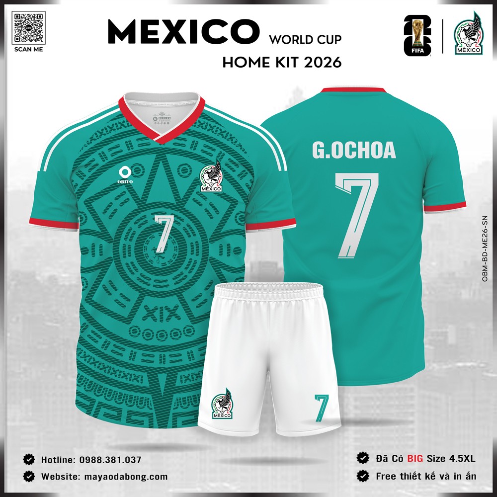 Áo đội tuyển Mexico 2026 sân nhà màu xanh lá họa tiết Aztec