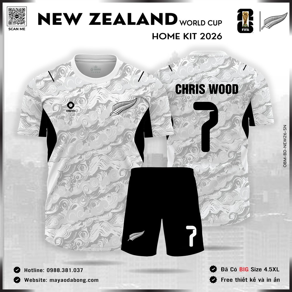 Áo đội tuyển New Zealand 2026 phối trắng đen tối giản, họa tiết chìm tinh tế